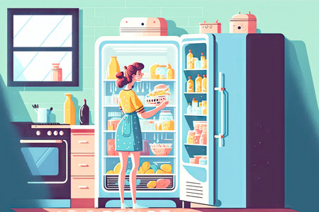 Housewife in kitchen looking into fridge for groceriesの写真素材