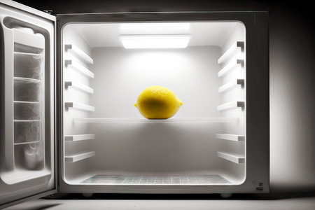 One lemon inside small freezer for drinks fridgeの写真素材