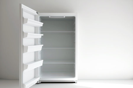 Open small freezer fridge in white roomの写真素材