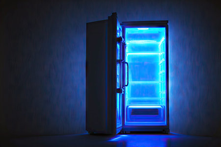 Luminous blue bright fridge with open door in darkの写真素材