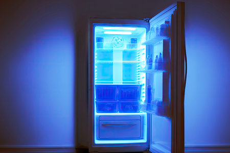 Luminous blue bright fridge with open door in darkの写真素材