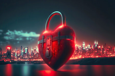 Romantic love in metropolis red padlock heartの写真素材