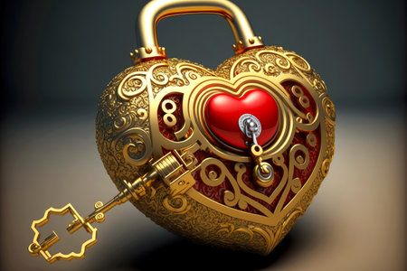 Gold Winding Red Padlock Heart with Watch Movementの写真素材