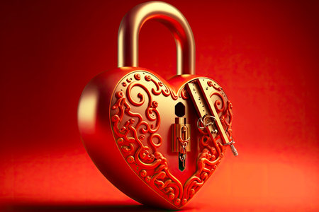 Wedding symbol of love red padlock heart on red backgroundの写真素材