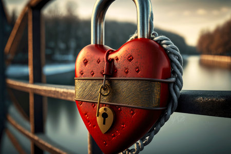 Closed fastened red padlock heart on background of bridgeの写真素材