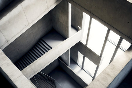 Empty modern twisted concrete geometric stairwell with dark steps