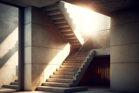 Concrete long stairwell with railings in sunの写真素材