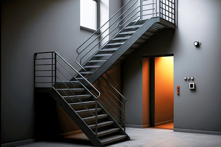 Construction of stairs black metal stairwell with railingの写真素材