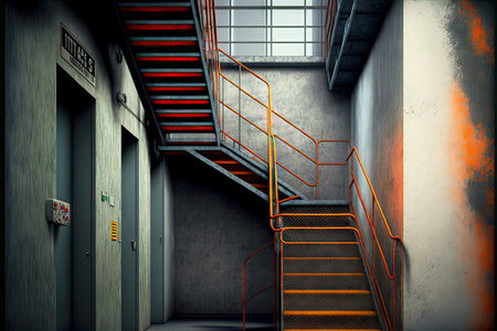 Structure of metal red staircase interior in entrance