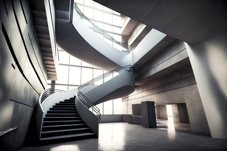 Concrete wide grey stairwell with railings and steps in business building