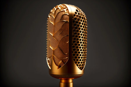 Unusual golden studio microphone stands in dark roomの写真素材