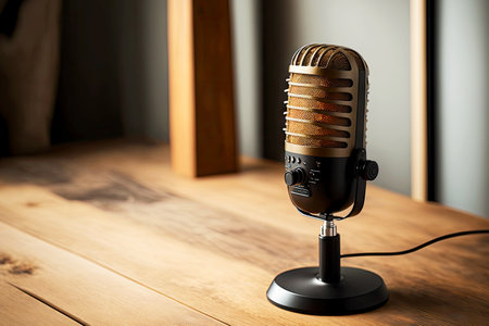 Beautiful and high-quality studio microphone with connected power cable stands on wooden floor in studioの写真素材