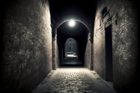 An abandoned alley with a tight, arched opening was lit up by lanternsの写真素材