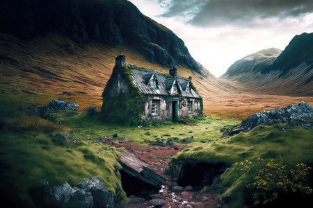 Abandoned cottage against background of unique mountain landscapeの写真素材