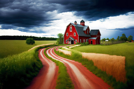 Long village dirt road leading to abandoned farm housesの写真素材