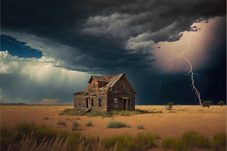 Inclement summer landscape with abandoned farm houses standing in middle of empty fieldの写真素材
