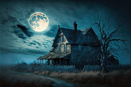 Night landscape with gloomy abandoned farm houses and white moonの写真素材