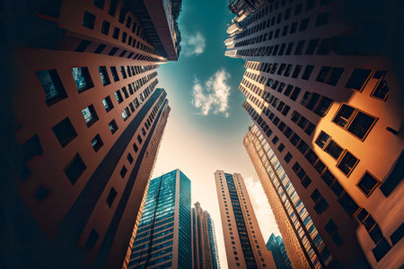 Panoramic low angle buildings of several buildings arranged in circleの写真素材