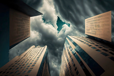 Cloud-covered sky and low angle buildings of high-risesの写真素材