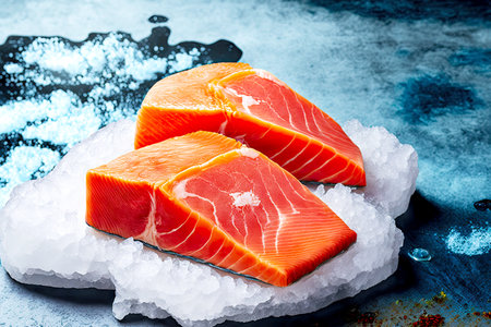 Frozen red fish lying on ice in supermarket refrigerator showcase
