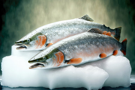 Fish lying on ice in supermarket refrigerator showcaseの写真素材