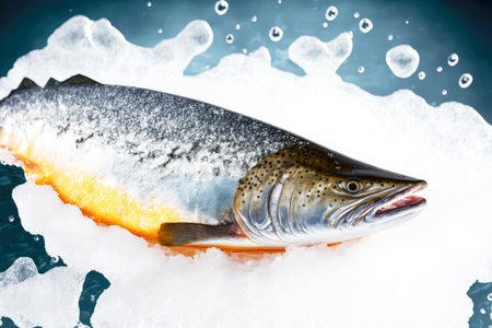 Fish lying on ice in supermarket refrigerator showcase