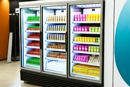 Dairy products in store supermarket refrigerator showcase retailの写真素材