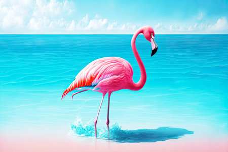 Beautiful pink flamingo stands in shallow water and basks in sunの写真素材