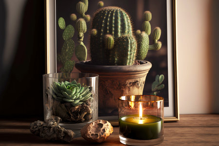 The pleasant aroma of the burning aroma candle casts a cozy atmosphereの写真素材