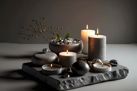 Decorative aroma candles with miniature stones are placed on a wide flat stone.の写真素材