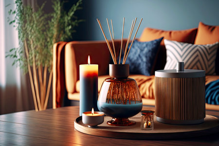 In living room on coffee table there is aroma diffuser with sticks and aroma candlesの写真素材