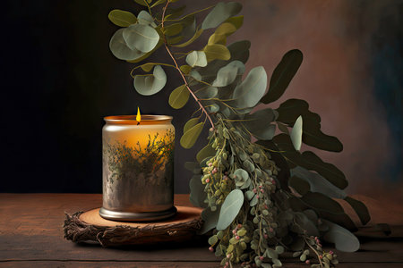 Aroma candle in beautiful vintage candlestick against background of sprig of eucalyptusの写真素材