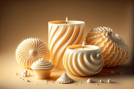 Aroma candles in striped candlesticks made in form of shellsの写真素材