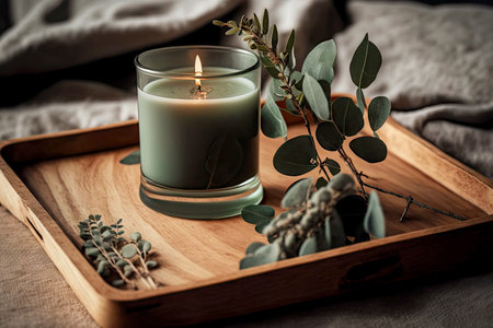 The eucalyptus aroma candle is complemented by a sprig of eucalyptus on a wooden trayの写真素材