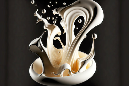 Splashes of white liquid on black background in form of floating artの写真素材