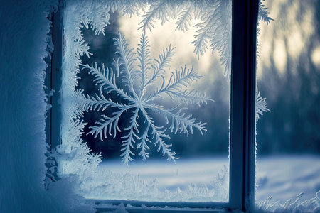 frosty window with white ice snowflakes sprawled on glassの写真素材