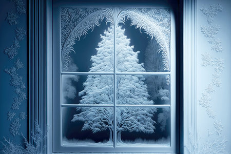 beautiful winter festive landscape with white Christmas tree on frosty windowの写真素材