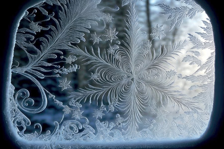 beautifully decorated with ice pattern in form of snowflakes and branches frosty windowの写真素材