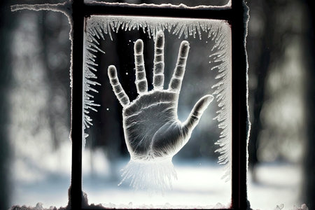 frozen palm print on transparent frosty windowの写真素材