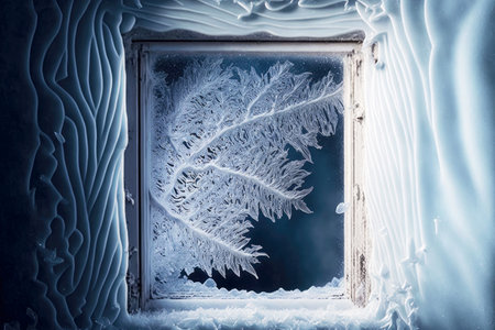 thin openwork twigs on winter frosty windowの写真素材