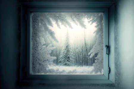 small frosty window with openwork ice pattern along edgeの写真素材