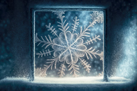 beautiful curly white snowflakes on background frosty windowの写真素材