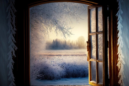open flaps frosty window looking at snowy fieldの写真素材