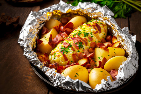 Baked potatoes in foil with bacon and fresh herbs on wooden tableの写真素材