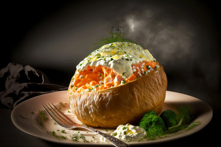 Hot baked potatoes in foil with sour cream cheese sauce and fresh herbsの写真素材