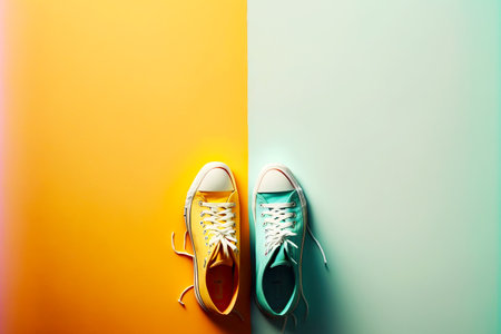 Pair of multi-colored bright sneakers on colored background shoes for training and runningの写真素材
