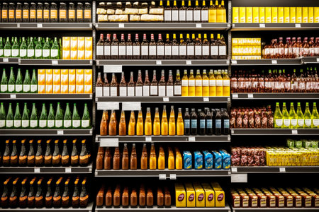 Consumption of bottles of wine on racks in supermarketの写真素材