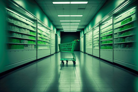 Basket for goods against background of long corridor in supermarketの写真素材