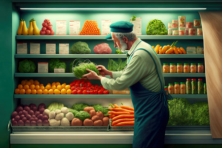 Supermarket worker laying out fresh vegetables on shelvesの写真素材