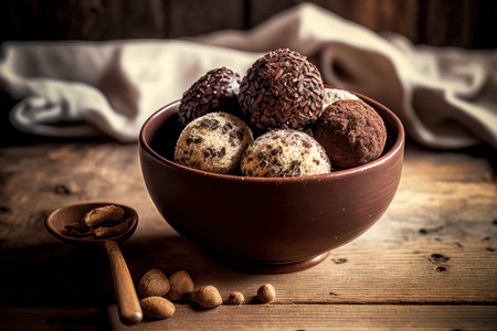 truffle candy in bowl on wooden backgroundの写真素材